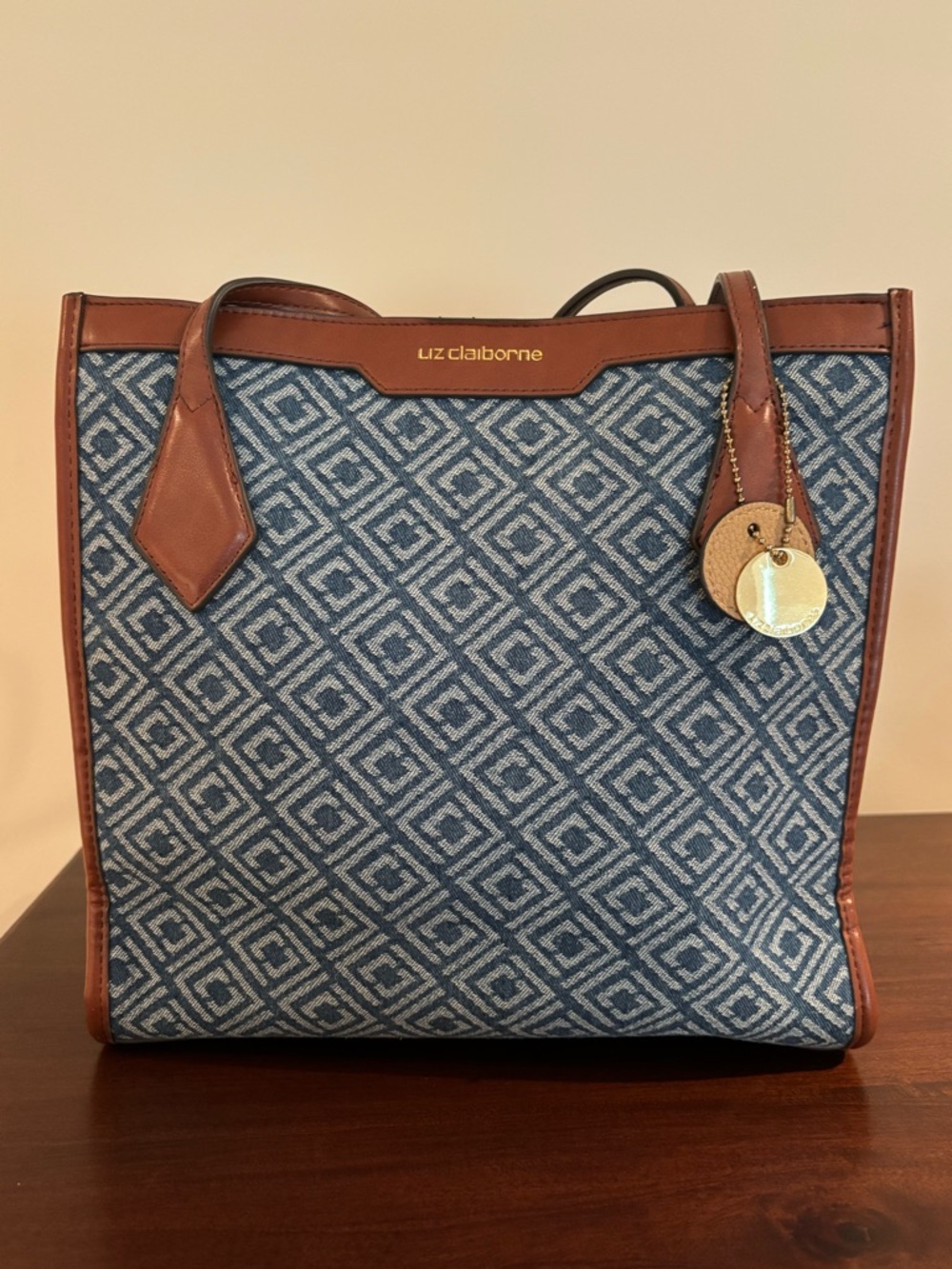 Liz Claiborne Blue Geometric Tote Bag Brown Trim Shoulder Purse - Picture 1 of 9